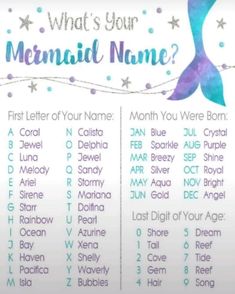 the mermaid name game is shown in purple and blue