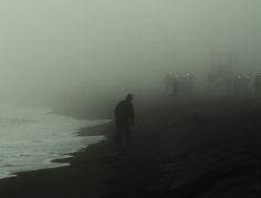 people walking on the beach in foggy weather