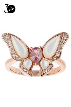 0.42ctw Pear Color Shift Garnet, Free-Form Cabochon Mother-Of-Pearl And 0.19ctw Round White Zircon 18k Rose Gold Over Silver Butterfly Ring. Measures Approximately 0.80"L x 0.60"W. Not Sizeable. Accent stones primarily zircon. Silver Butterfly Ring, Pink Garnet, Butterfly Ring, Silver Butterfly, 18k Rose Gold, Mother Of Pearl, Garnet, Pear, 18k Gold