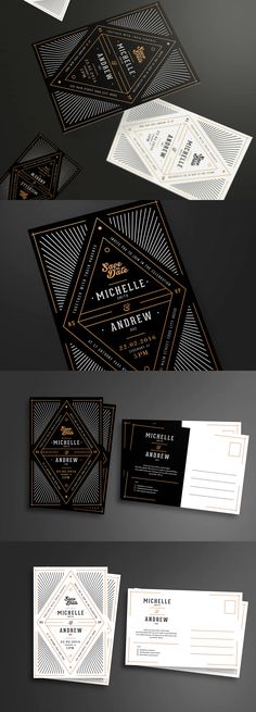 some black and white business cards with gold trimmings on the front, back and sides