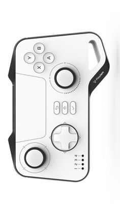 a white and black controller is shown on the wall next to it's holder