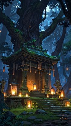 Fantasy Shrine, Shrines Art, Japanese Forest, Desktop Wallpaper Art, Magic Aesthetic, Pretty Landscapes, Art Painting Gallery, Aesthetic Japan