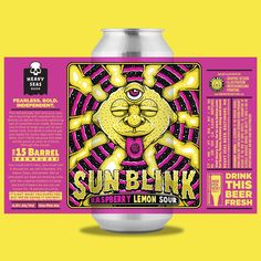 a can of sun blk lemon soda on a yellow and pink background with information about the product