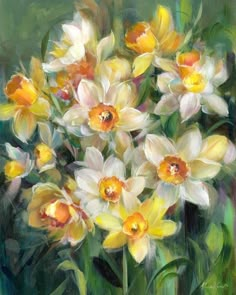 an oil painting of yellow and white flowers