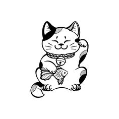 a black and white drawing of a cat holding a fish