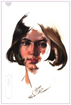 a drawing of a woman's face with brown hair