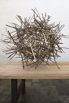 a pile of sticks sitting on top of a wooden table