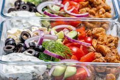 two plastic containers filled with different types of salads and dips next to each other