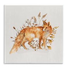 a watercolor painting of a fox surrounded by wildflowers and grasses on a white background