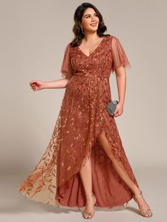 Plus Size Short Sleeves Sequin High Low V-Neck Midi Formal Evening Dress #color_Burnt Orange Midi Evening Dresses, Evening Midi Dress, Silhouette Dress, Formal Evening Dress, Mob Dresses, Ever Pretty, Evening Dresses Plus Size, Affordable Dresses, V Neck Midi Dress