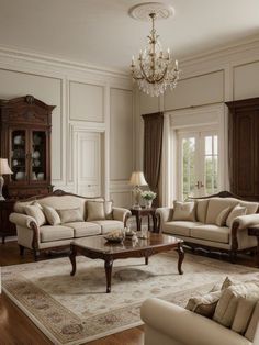 a living room filled with furniture and a chandelier