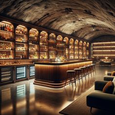 a dimly lit bar with lots of bottles on the shelves and stools in front of it