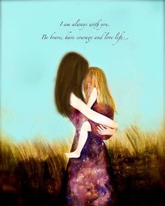 two women hugging each other in front of a blue sky with the words, i am always