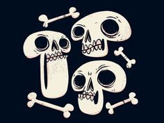 three skulls and bones on a black background