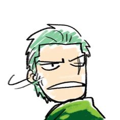 a drawing of a man with green hair and an angry look on his face, in front of a white background