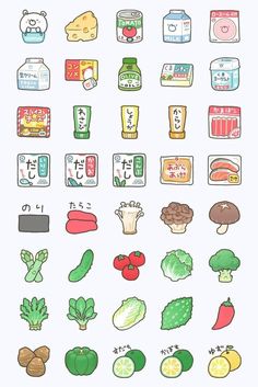 an image of food icons drawn in colored pencils on white paper with japanese characters