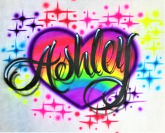 the word asley painted in rainbow and black on a white background