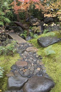 a stone path in the middle of a garden