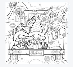 a black and white christmas scene with presents on the back of a truck in front of an image of santa claus