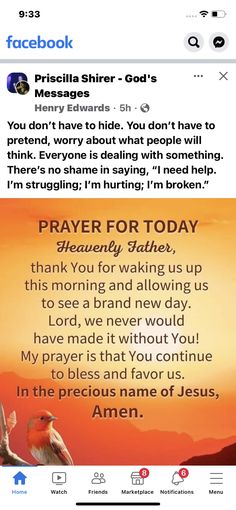 an image of a facebook post with the message prayer for today