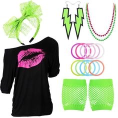 a woman's outfit with neon green and pink accessories including bracelets, necklaces, and earrings