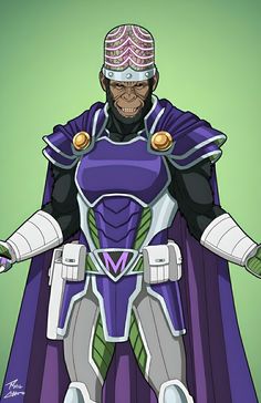 an animated image of a man in a purple and green costume with his hands out