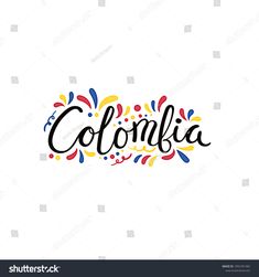 the word colombia surrounded by colorful confetti and sprinkles on a white background