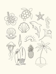 a black and white drawing of different sea animals, seashells, and palm trees