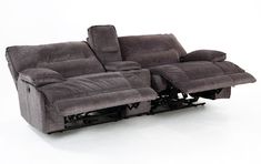 the reclining loveseat with two seats is shown in grey fabric and has no headrests