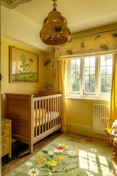 a baby's room with yellow walls and curtains