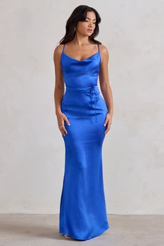 Lifetime | Cobalt Blue Satin Cowl Neck Maxi Dress With Cross Back Detail Cowl Neck Maxi Dress, Midi Bridesmaid Dress, Hourglass Silhouette, Black Dress Prom, Black Tie Gala, Lace Wrap, Cowl Neck Dress, Christmas Party Dress, Black Velvet Dress