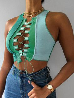 [26% OFF] 2021 Mesh Panel Reverse Stitching Lace Up Two Tone Tank Top In GREEN | ZAFUL Make Your Own Clothes, Clothes Women, Virtual Closet