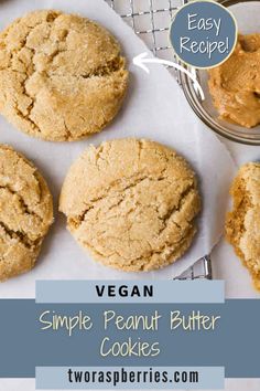 vegan peanut butter cookies on a cooling rack with the words vegan next to them