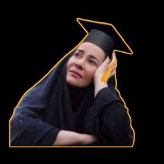 a woman wearing a graduation cap and gown talking on a cell phone with an arrow over her head