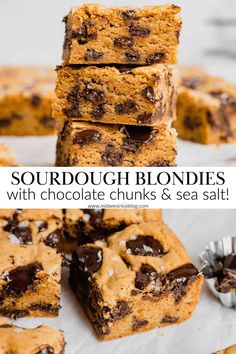 chocolate chip cookie bars stacked on top of each other with the words sourdough blondies