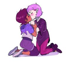 an image of two people that are hugging each other on the ground and one is wearing purple