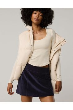 THE LOOK: Elevated, retro corduroy. Faux back pockets./THE FEEL: Ultra-soft & ribbed. Built-in Real Me shorties./THE MOVES: On the go. Or out on the town./Accessibility deets: elastic waistband for easier on/off! Aerie Rock N Ruffle Skirt, Aerie Skirt, Fitted Corduroy Mini Skirt, Spring Corduroy Mini Skirt, Aerie Clothing, Off-line By Aerie Sidewalk Seamless Cropped Shirt, Corduroy Mini Skirt, Offline By Aerie, Women's Jeans