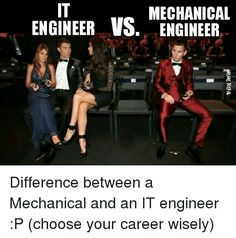 three people in formal wear sitting next to each other with text that reads, it engineer vs mechanical engineer