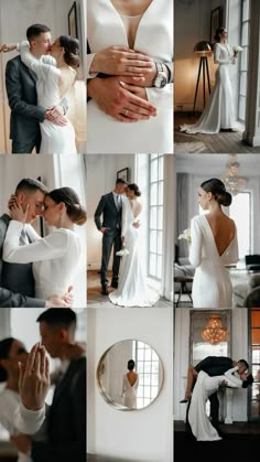 the bride and groom are posing for pictures in their wedding gowns, tuxedos, and dresses