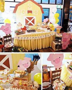 the table is set up for a farm birthday party with pigs, hay, and pies