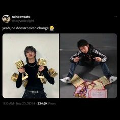 two photos one with an award and the other with some gold boxes in front of them