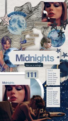 a collage of images with the words midnights written on them and stars in the background