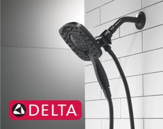 the delta shower faucet is shown in black and white with red lettering on it