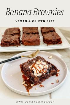 chocolate brownies on a plate with peanut butter drizzled on top and the words, banana brownies vegan & gluten free