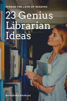 a woman standing in front of a bookshelf holding a coffee cup and looking up at the sky