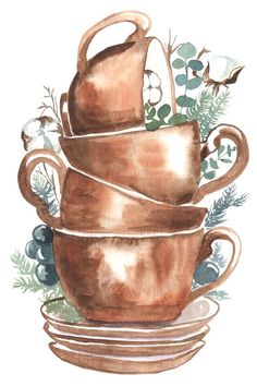 watercolor painting of three tea cups stacked on top of each other