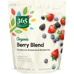 a bag of organic berry blend with berries and blueberries on the side, in front of a white background