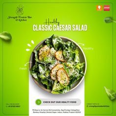 an advertisement for a salad with shrimp and lettuce on the side, in green