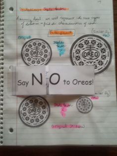 an open notebook with paper and stickers on it that says say no to oreos