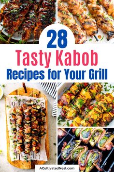 the cover of 28 tasty kabob recipes for your grill